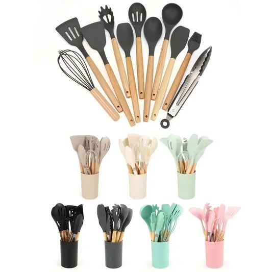 12-Piece Silicone Kitchen Utensils Set 
Non-Stick Cooking Utensils with Wood Handle 
Cooking Tool Set with Storage Bucket 
Complete Heat-Resistant Silicone Utensil Set Kitchen Tools with Storage Holder