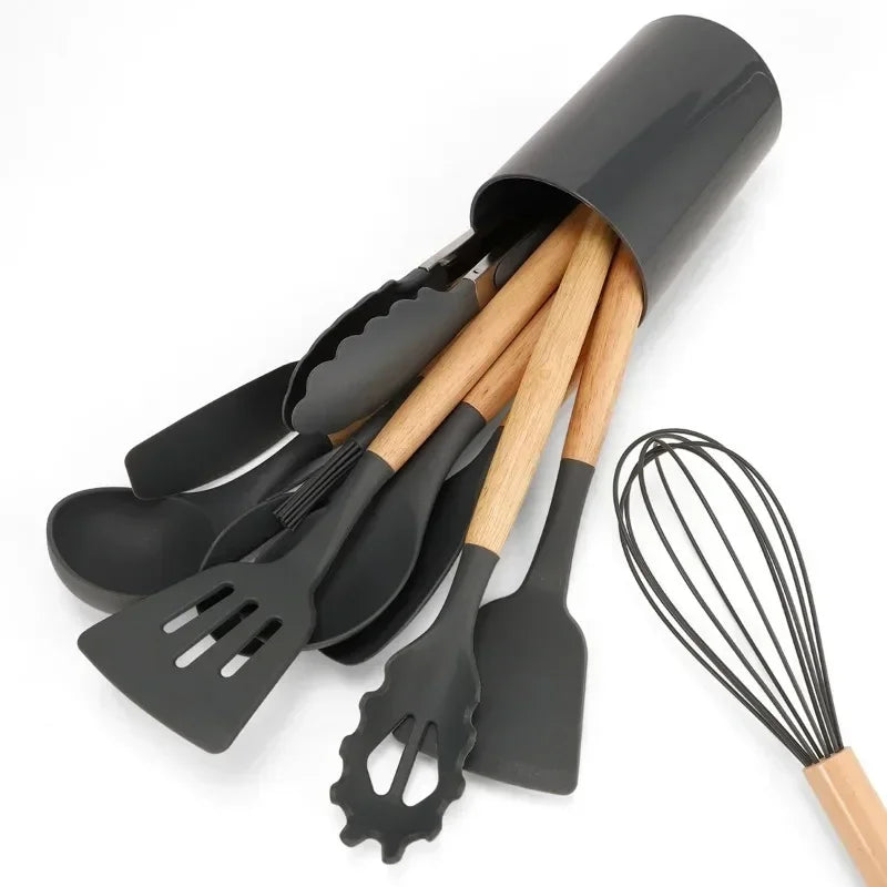 12-Piece Silicone Kitchen Utensils Set 
Non-Stick Cooking Utensils with Wood Handle 
Cooking Tool Set with Storage Bucket 
Complete Heat-Resistant Silicone Utensil Set Kitchen Tools with Storage Holder